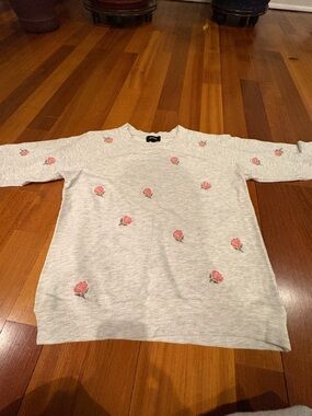 Monrow Heather Gray Sweatshirt with Pink Rose Embroidery